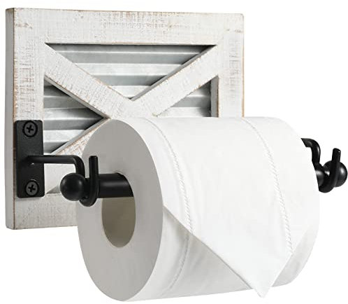 Farmhouse Toilet Paper Holder with Galvanized Metal& Black Metal - Rustic Weathered White Wood Wall Mount Toilet Roll Holder for Bathroom Decor