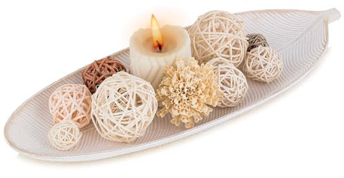 Hanobe Bandeja decorativa de madera con forma de hoja: bandeja de madera con forma de hoja, cuenco decorativo para velas de cristal