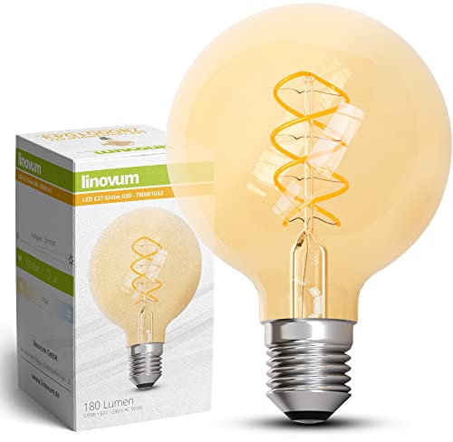linovum Edison Globe LED Filament Glühbirne E27 dimmbar extra warmweiß 1700K, G80 extra groß - Vintage Retro Leuchtmittel 3,4W in Bernstein Optik