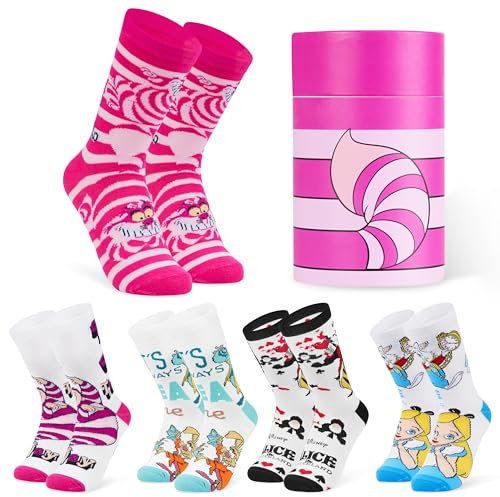 Disney Chaussettes Femme, Lot de 5 Chaussettes Fantaisie à Motifs - Cadeau Femme et Ado (Rose Alice in Wonderland)