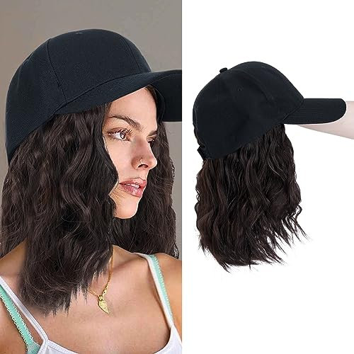 TESS Extensions mit Baseball Cap 20 cm, Dunkelbraun Cap mit Haaren Damen Kurz Gewellt, Verstellbar, Mottoparty, Karneval Hat Perücken für Frauen Mütze mit Haaren