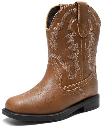 DREAM PAIRS Stivali da jeans occidentali per ragazze e ragazzi a metà polpaccio, Marrone, 12.5 cm