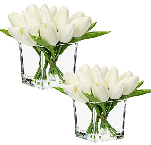 Oairse Set di 2 fiori artificiali in vaso, 14 pezzi, mini tulipani finti realistici al tatto, in vaso di vetro cubico con finto tulipano bianco acqua, bouquet per casa, matrimonio, centrotavola,