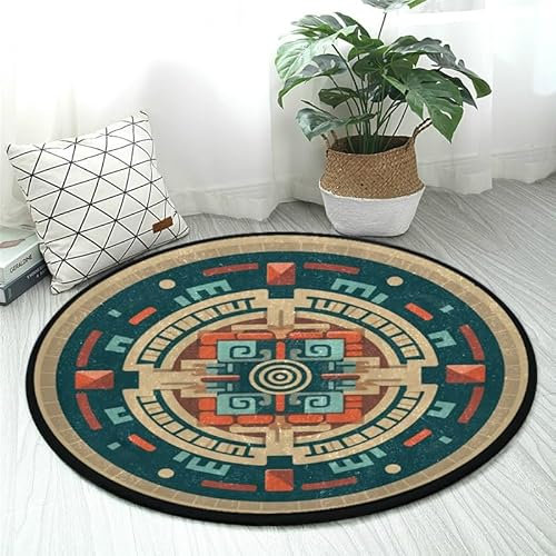 DNOVING Azteken-Kalender, rund, waschbar, rutschfest, weich, ideal für Küche, Wohnzimmer, Schlafzimmer, Badezimmer, 91 cm