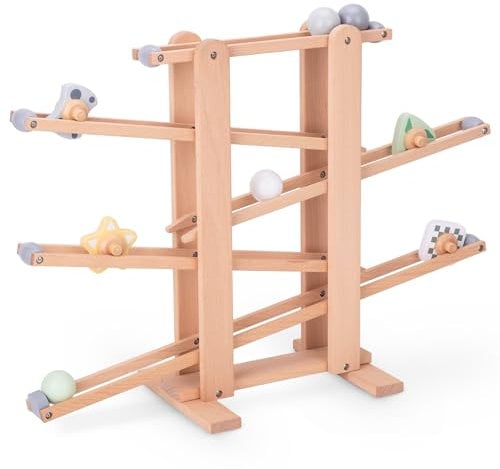 Mamabrum, Große Holzkugelbahn - Rutsche mit Drehelementen, Holzkugeln, 4 Drehelementen, Holzbahn Auto rennbahn Kinder Holz murmelbahn Auto Spielzeug rennbahn