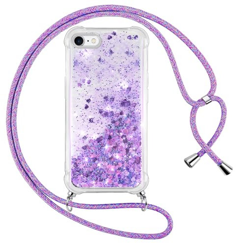 Vauki Handykette für iPhone 6/iPhone 6s Hülle mit Band, Silikon Durchsichtig Transparent Flüssig Glitzer mit Kette Kordel Treibsand Necklace TPU Schutzhülle Case für iPhone 6S, Lila