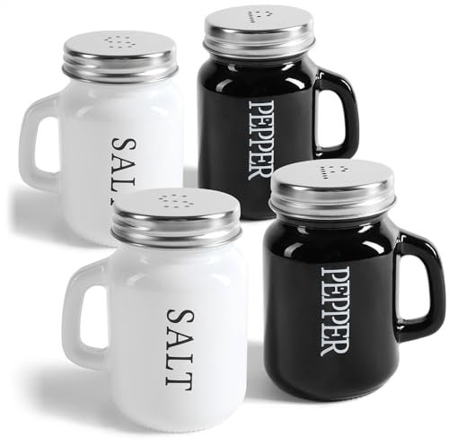 COM-FOUR® Set saliera e pepiera da 4 pezzi - portaspezie con coperchio e manico a vite - barattolo di spezie a forma di boccale di birra con iscrizione - shaker moderni (4 parti - vetro nero/bianco)