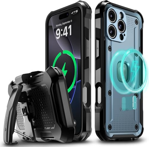 VENA vArmor for iPhone 16 Pro Max Rugged Case with Belt Clip Holster [Military Grade Drop Protection] [Works with MagSafe] Heavy Duty Tough Protective Cover with Kickstand - Slate Blue/Black