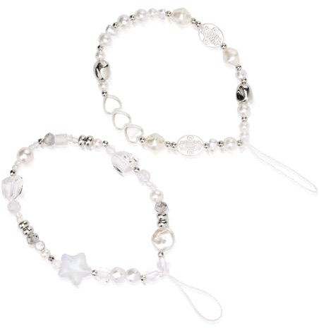 PEUTIER 2pcs Beaded Camera Wrist Straps, Imitation Pearl And Crystal Beaded Phone Wristlet Chain Camera Charm Strap Phone Bracelet Strap Lanyard Decoration for Wallet Camera Keychain