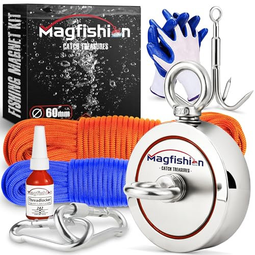 MAGFISHION Magnetfischen Mega Set - 300 KG (2 x 150kg) - Ø60mm - Neodym Magnet mit 2 Seilen, Greifhaken & Handschuhe - Magnet Fischen Angel - Ösenmagnet - Fishing Magnetangel - Magnetangeln Set