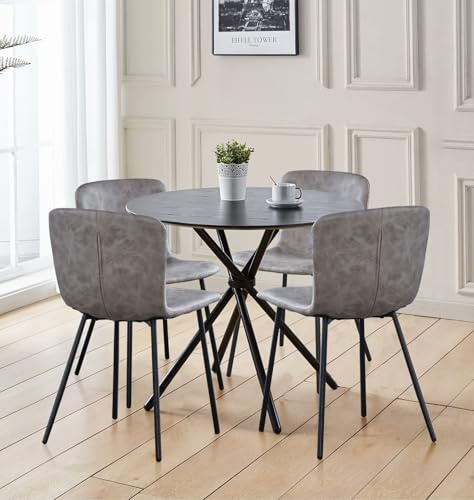 Hallowood Furniture Cullompton 90cm Round Dining Table and Chairs Set 4 | Black Wooden Effect Small Table and Chairs in Taupe Faux Leather, Modern Dining Set for 4 Perfect for Home, Apartment & Café