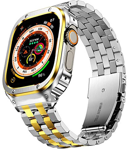 SUPLINK Stainless Steel Case and Band Compatible with Apple Watch Ultra 2 Straps/Apple Watch Ultra Straps 49mm Men, Metal Replacement Strap for iWatch Ultra 2/1 (Silver/Gold)