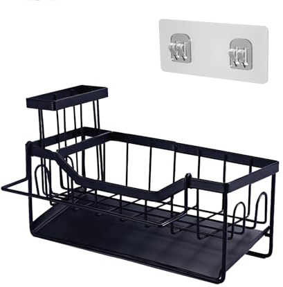 Spülbecken Organizer Schwarz, Küchen Sink Caddy Organizer, Küchenorganisator, Hängendes Waschbeckenregal Lagerung, Kein Bohren Erforderlich, 1 Selbstklebender Haken, Geeignet für Küche und Bad