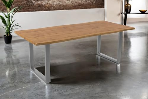SAM Esstisch Josy | 240 x 100 cm | Holz Wildeiche-Optik | U-Gestell Metall Silber | 40 mm Tischplatte mit Baumkante | Tisch für Esszimmer & Küche