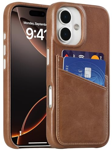 LUCKYCOIN Premium Handcrafted Genuine Leather Phone Case for iPhone 16, Slim Wallet Case with Card Holder, Metal Buttons, Soft Microfiber Lining, Shockproof Protective Cover - Dark Brown