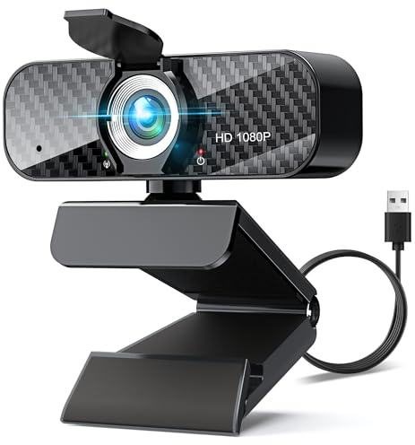Webcam Full HD 1080P with Built-in Microphone and Rotatable Tripod, Carbon Fiber Board and Privacy Cover, Auto Light Correction, Adjustable FOV, Plug&Play for Zoom/Skype/Facetime/YouTube, Laptop/PC