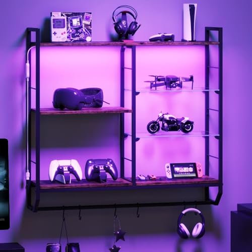 EYCOAL Gaming Floating Shelves, Wall Mounted Wooden Decor Display Shelf with 34 LED Lights and Adjustable Glass Bar Wine Shelf, Extra Hanging Hooks Storage for Gaming Room and Living Room