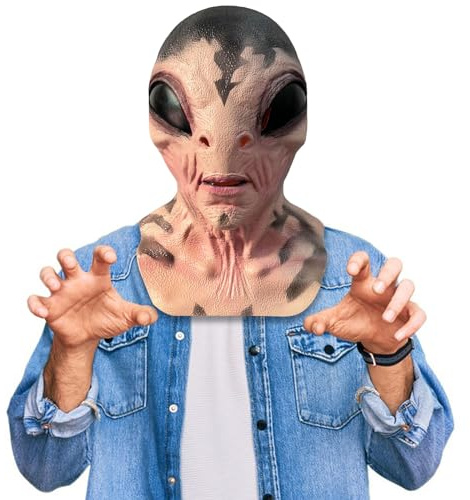 BEJOYFMY Maschera da alieno, spaventosa maschera in lattice da UFO ET, per travestimenti, feste in costume, Halloween, cosplay, con fantasia
