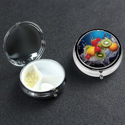 Kleine Pillendose mit 3 Fächern, für Wasser und Obst, aus Metall, tragbar, für Tasche, Geldbörse, Reisen, Pillendose mit Spiegel, rund, Medizin, Vitaminhalter, einzigartiges Geschenk