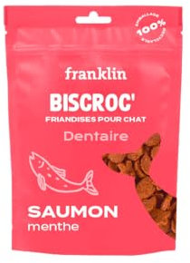FRANKLIN – Friandises Dentaire pour Chat – Snack croustillant Saumon & Menthe – Haleine Fraiche – Anti-Tartre – Soin Dentaire – sans céréales – pour Chaton, Adultes & Senior – Sachet Recyclable – 50g