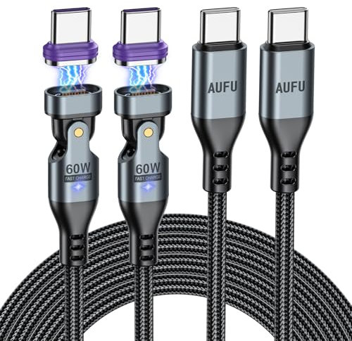 AUFU 16PIN 60W Magnetic Charging Cable USB C to USB C [2 Pack 2M] 180° Rotatable Magnetic Cable 20V/3A Fast Charging Data Transfer for Phone 15/Galaxy S23/Pad/Laptop