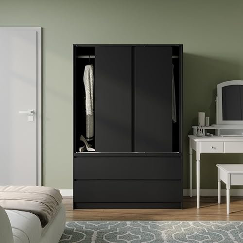 URBNLIVING Sliding Door Wardrobe with 4 Drawers & Hanging Rail, Freestanding Bedroom Closet Organizer, Durable Space-Saving Storage Cupboard, Modern MDF Flat Pack Furniture