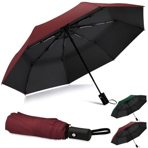 HEXSOLID 46 Inch UV Regenschirm UPF 50+ Automatik Reise Sonnenschirm Ultralight Umbrella Winddichter Regenschirm Mit 8 Rippen für Herren und Damen (Weinrot, 46inch)