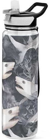 Fuauuyl White Shark Water Bottle with Straw Lid, 32oz Large Leakproof & BPA Free Tritan Drinking Bottle for Sports, Gym, Travel