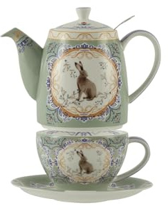 London Pottery Teekannen-Set aus Knochenporzellan, Teekanne und Servierset für eine Person, Teekanne, Tasse und Untertasse mit Tiermuster (Hase)