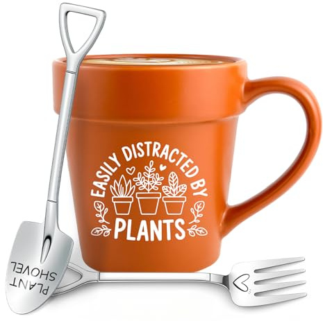 Easily Distracted By Plants Mug, Funny Gardening Gift with Shovel Spoon & Fork, Plant Lover Coffee Cup for Women, Mom, Grandma, Unique Teacher Appreciation and Birthday Gift