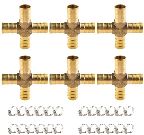 ANGEEK 6 pièces raccords pour tuyaux en laiton, 12 mm Raccord pour tuyaux en laiton en forme de X à 4 voies avec 24 colliers de serrage, adapté à l'air, au gaz, à l'eau et au carburant.