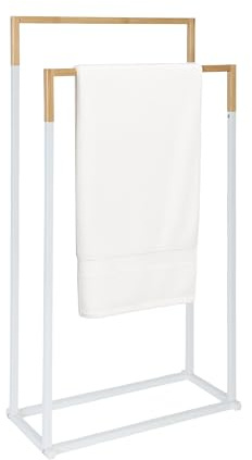 Relaxdays towel rack, HxWxD: 84.5 x 45 x 21 cm, metal, bamboo, 2 bars, standing towel rack, white/natural