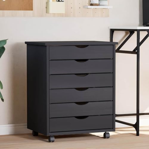 Mokuyary Rollschrank mit Schubladen Moss Grau Massivholz Kiefer Rollcontainer mit 6 Schubladen, Mobiler Aktenschrank mit Rollen, Bürocontainer Beistelltisch Büroschrank für Wohnzimmer, Büro
