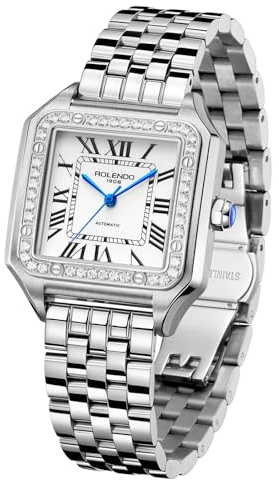 ROLENDO Uhr Damen Automatik, Watches for Women Rechteckiges mit Diamanten, Römisches Zifferblatt, Saphirkrone und 316L Edelstahlband - Armbanduhr Damen für Geschäfts und Lässige