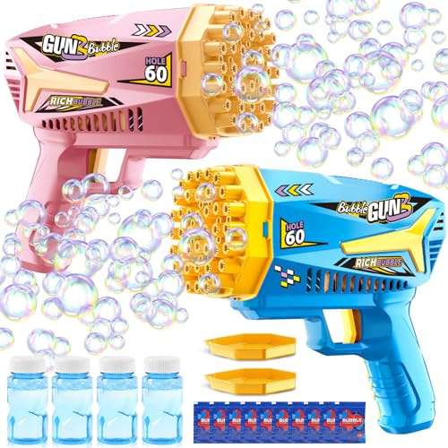 GRIRDDIV Sparabolle di Sapone, 2 Pezzi Pistola Bolle di Sapone Con 14 Soluzioni e 60 Fori Spara Bolle di Sapone Automatico, Macchina Automatica, Bubble Gun per Bambini, Feste All'aperto, Feste Estive