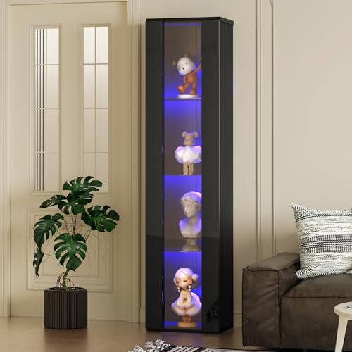 kozamas Vitrine multifonction en verre noire avec lumière LED changeante de couleur, surface d'exposition à 4 niveaux, télécommande et contrôle par application