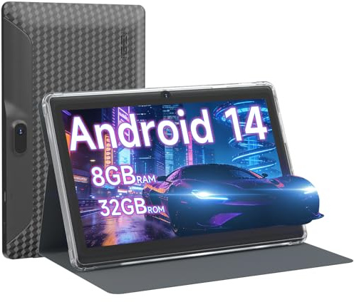 Tablet da 7 pollici Android 14 tablet con custodia, 8 GB RAM 32 GB ROM 1 TB espandibile, processore quad-core tablet PC, schermo IPS, doppia fotocamera, batteria 3000 mAh, Bluetooth, 5G WiFi, GMS
