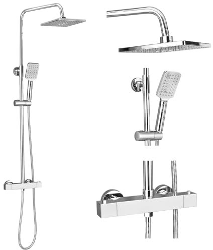 Solepearl Thermostat Shower System, Square Thermostatic 38 °C Shower Mixer Set with Rainfall Shower Head, Handheld Shower, Riser Rail, Adjustable Height Anti Scald Chrome Shower Set
