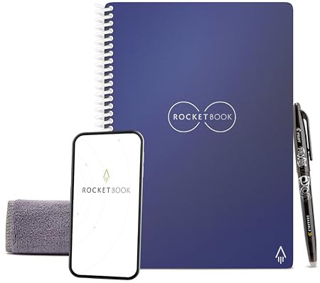 Rocketbook Reusable Digital Notebook - Smart Notepad A5 Blue - Spiral Note Book To Do List Pad, Lined Paper with Frixion Erasable Pen and Wipe, Office Gadget with Rocketbook App, Reduce Paper Waste