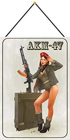 Blechschild 20x30cm gewölbt mit Kordel Kalaschnikow AK 47 Sturmgewehr Pinup Deko Schild