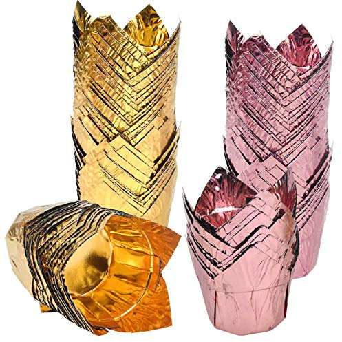 HQdeal Muffin case, 100PCS Gold and Rose Gold Cupcake Cases, Foil Muffin Cases, Tulip Muffin Liners, Baking Cases, Wraps Cases, Baking Paper for Coffee Shop,Wedding, Birthday Party,Baby Shower