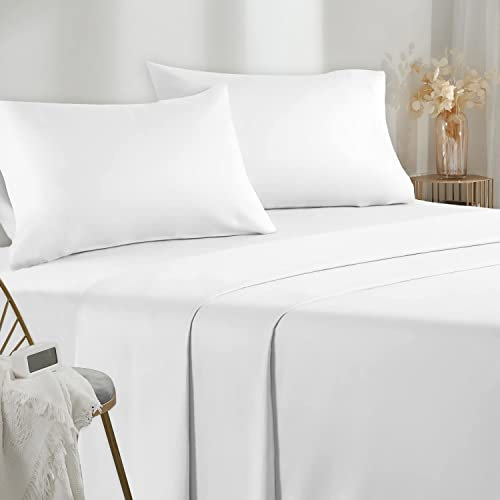 Poligino Bettwäsche für 160 cm Bett, 4-teiliges Set, Spannbettlaken, Bettlaken, 2 Kissenbezüge, 50 x 80 cm (Bett 160-160 x 190/200 cm, Weiß)