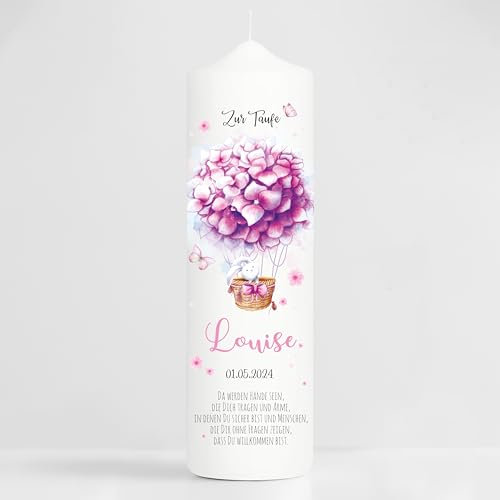 Wandtattoo Loft Taufkerze Mädchen mit Taufspruch, Motiv Heißluftballon aus rosa Blumen, 25cm x 7cm, personalisierte Kerze, bedruckte Kerze zur Taufe, Stumpenkerze, Geburtskerze, Taufgeschenk
