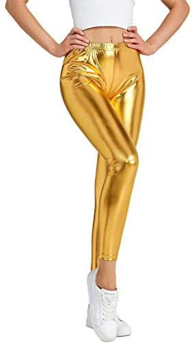 NewL Damen-Leggings, glänzend, metallisch, Sport-Leggings, helle Bleistifthose, Fitness, Mode, Jeggings, Bonbonfarben, Gold, M