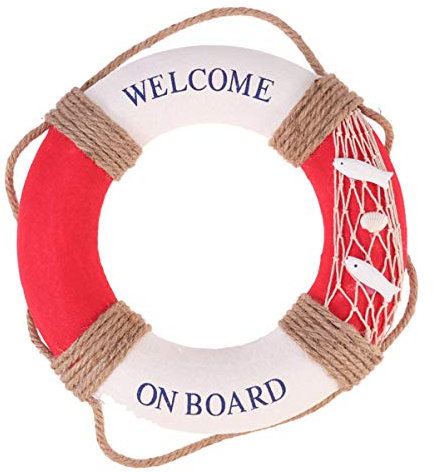 GANAZONO 30 cm Hängender Rettungsring im Mediterranen Stil Willkommen an Bord Rettungsring Handwerk Heimdekoration für Restaurant Café Shop Bar Roter Fisch