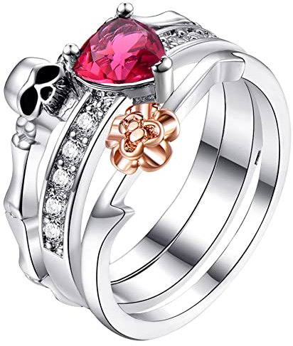 PAIHUIART Ring Ringe Herren Damen Bijouterie Frauen Schmuck Eheringe Totenkopf Herz Zirkon Ring 2In1 Kombi Ring Set Damen Verlobungsring Hochzeit 9 Silber