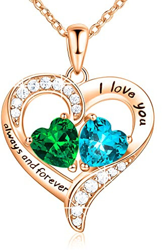 18K Rose Gold Heart Necklace, Birthstone Necklace Jewelry for Women with 2 Birthstones, Customized Gifts for Women Mom Wife Grandma Sister Friend, I Love You Always and Forever, Gold, Cubic Zirconia