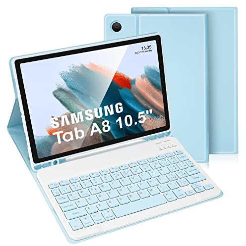 LAMA Custodia con Tastiera per Samsung Tab A8 10.5 2021 (SM-X200/X205/X207), Cover Slim Smart Tablet con Portapenne S Integrato e Tastiera Wireless Rimovibile per tablet Galaxy Tab A8, Blu