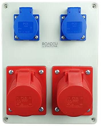 RoadEu - Steckdosenverteiler - 2x CEE 16A Steckdose mit 2x Schuko 230V. Stromverteiler IP44 Für den Innen- und Außeneinsatz Baustromverteiler 16A. Ausschließlich Europäische Komponenten.