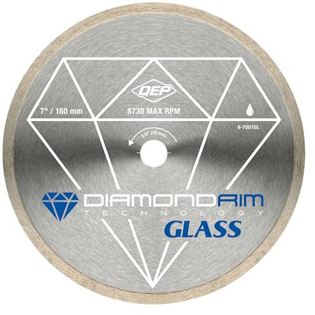 QEP 6-7007GL 7-Inch Continuous Rim Glass Tile Diamond Blade, 7mm Rim Height, 5/8-Inch Arbor, Wet Cutting, 8730 Max RPM